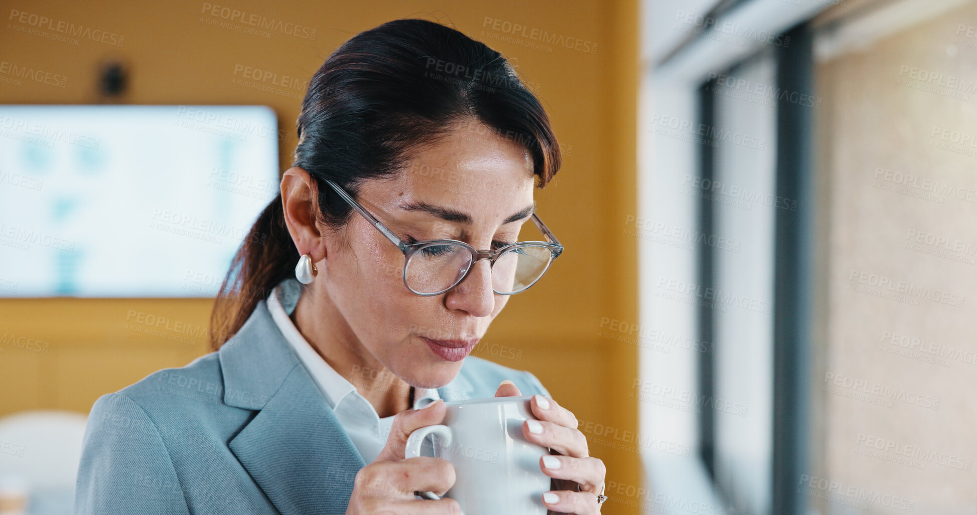 Buy stock photo Woman, coffee and scent at window in office with thinking, break or glasses at insurance company. Person, broker and advisor with beverage, tea cup or warm drink with career at risk assessment agency