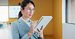 Business, woman and glasses with tablet in office for research, finance charts and profit growth. Accountant, eyewear and digital with graph analysis, investment portfolio and audit review of company