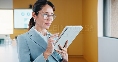 Buy stock photo Business, woman and glasses with tablet in office for research, finance charts and profit growth. Accountant, eyewear and digital with graph analysis, investment portfolio and audit review of company
