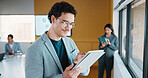 Smile, reading and businessman with tablet in office, stock market research and assets valuation app. Review, planning and investor with tech for exchange proposal, hedge fund liquidation and trading