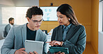 Discussion, meeting or business people with tablet in office, data analysis or review asset performance. Pointing, reading or analyst team with investigation for account volatility, research or tech