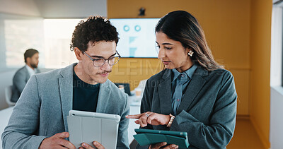 Buy stock photo Discussion, meeting or business people with tablet in office, data analysis or review asset performance. Pointing, reading or analyst team with investigation for account volatility, research or tech