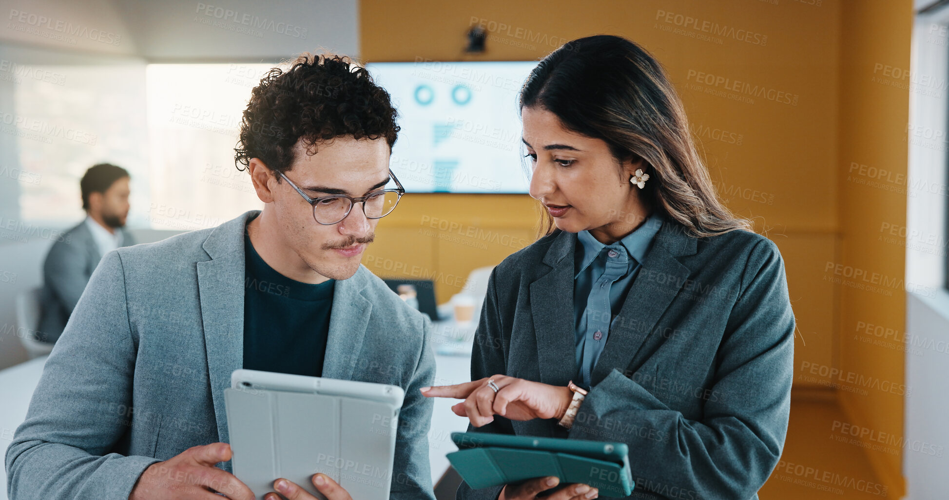 Buy stock photo Discussion, meeting or business people with tablet in office, data analysis or review asset performance. Pointing, reading or analyst team with investigation for account volatility, research or tech