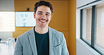 Business, man and happy portrait in office for finance career, risk assessment and about us pride. Financial analyst, employee or smile at firm for wealth management, investment opportunity or growth
