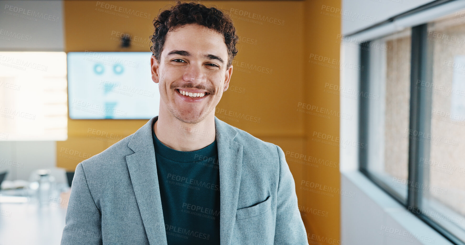 Buy stock photo Business, man and happy portrait in office for finance career, risk assessment and about us pride. Financial analyst, employee or smile at firm for wealth management, investment opportunity or growth
