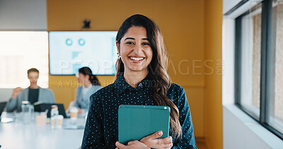 Buy stock photo Portrait, meeting and business woman with data analysis, report or marketing specialist. Professional, smile and digital analyst with tech for research, insights and performance metrics in office
