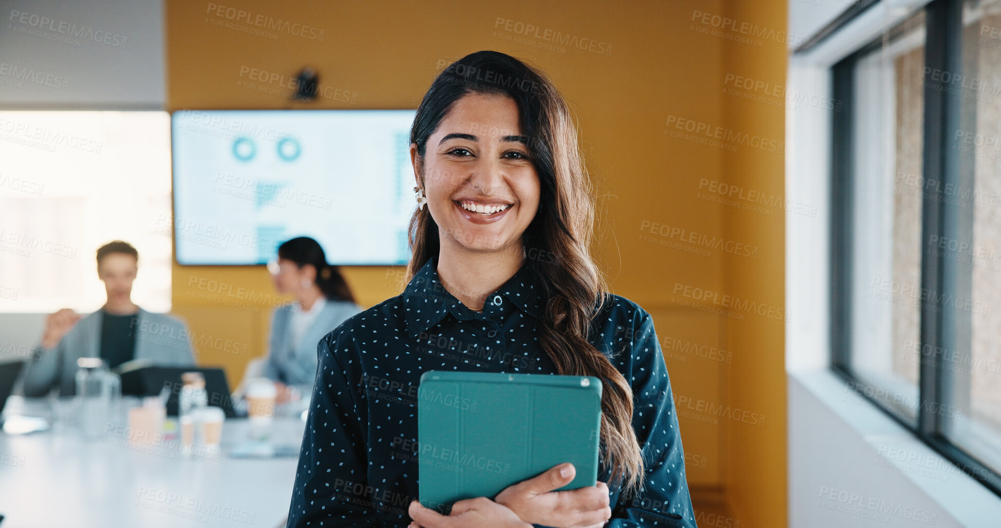 Buy stock photo Portrait, meeting and business woman with data analysis, report or marketing specialist. Professional, smile and digital analyst with tech for research, insights and performance metrics in office