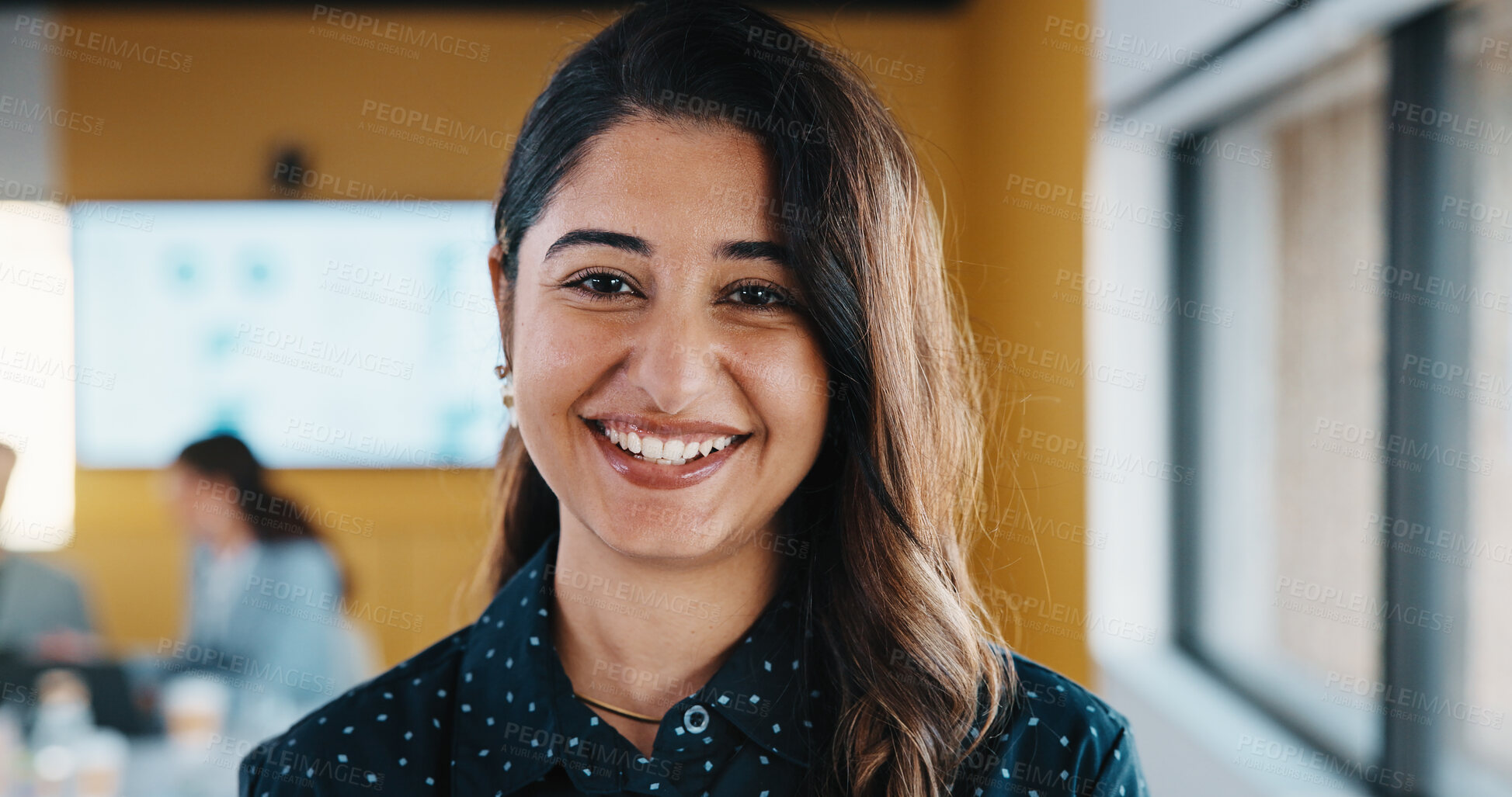 Buy stock photo Portrait, meeting and happy woman for company growth, presentation and marketing specialist. Professional, smile and business analyst with research, insights and performance metrics in office