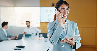 Buy stock photo Phone call, tablet and businesswoman in office with communication for finance negotiation. Cellphone, technology and female financial manager on mobile discussion for investment proposal in workplace