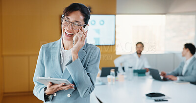 Buy stock photo Phone call, happy and businesswoman in office with communication for finance negotiation. Cellphone, smile and female financial manager on mobile discussion for investment proposal in workplace.