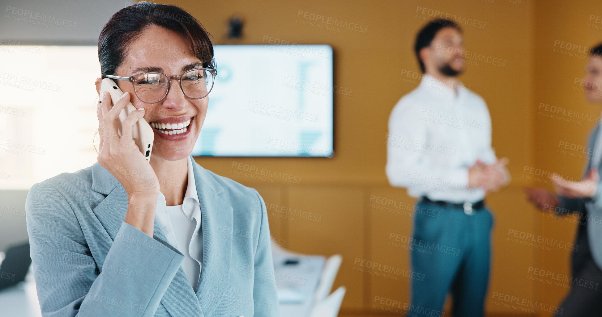 Buy stock photo Phone call, laugh and businesswoman in office with communication for finance negotiation. Cellphone, happy and female financial manager on mobile discussion for investment proposal in workplace.