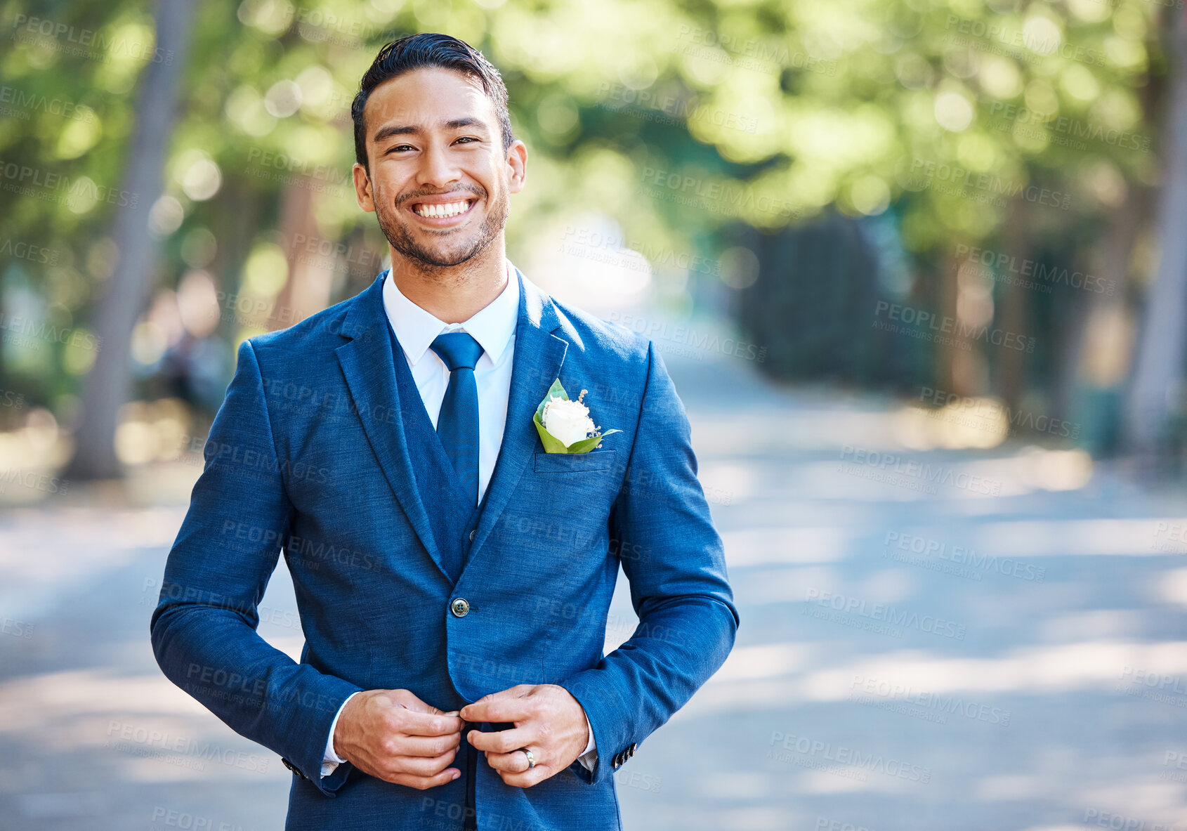Buy stock photo Wedding, happy man or portrait in nature for getting ready, preparation or adjust suit for event. Asian person, groom or outdoor with fashion for special day, marriage commitment or start of ceremony