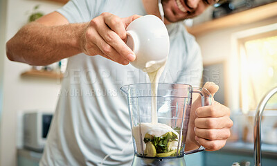 Buy stock photo Hands, smoothie and man with yogurt in blender for breakfast shake, healthy diet and detox. Happy, person or pour ingredients in machine for organic drink, health benefits or meal replacement in home