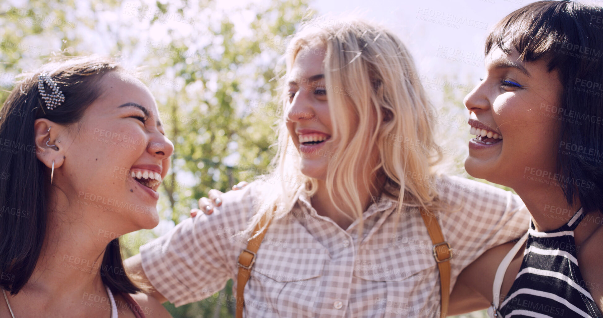Buy stock photo Hug, girl friends and laughing outdoor with conversation, bonding and connection together. Embrace, gossip and happy group of female people with humor in funny discussion, talking or support in park.