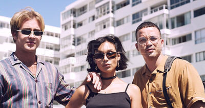 Buy stock photo Retro, summer or friends in city for fashion, vintage outfit or confidence in 90s aesthetic. Portrait, sunshine or people with eyewear, classic street style or throwback clothes in nostalgic apparel.