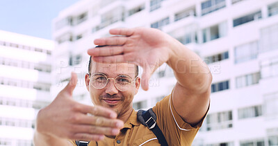 Buy stock photo City, portrait and man with frame hands for selfie, photography and memory for first day of college. Outdoor, student and person with gesture for profile picture, smile and travel to university