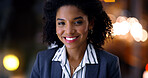 Portrait, business and black woman with smile at night for career pride, about us and lawyer. Bokeh, female attorney and ambition in office, legal representative and working late for case preparation