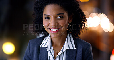 Buy stock photo Portrait, business and black woman with smile at night for career pride, about us and lawyer. Bokeh, female attorney and ambition in office, legal representative and working late for case preparation
