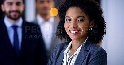 Buy stock photo Portrait, business and woman with team at night for career pride, about us and lawyer. Smile, female attorney and leadership with employees, legal representative and working late for case preparation