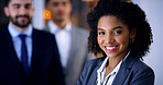 Smile, business and woman with team at night for career pride, about us and lawyer. Portrait, female attorney and leadership with employees, legal representative and working late for case preparation