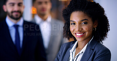 Buy stock photo Smile, business and woman with team at night for career pride, about us and lawyer. Portrait, female attorney and leadership with employees, legal representative and working late for case preparation