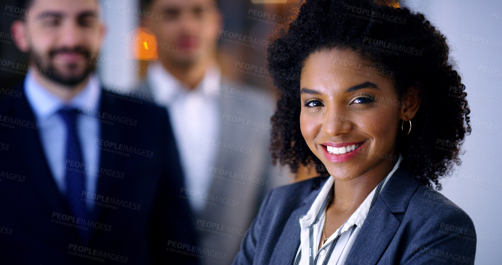 Buy stock photo Smile, business and woman with team at night for career pride, about us and lawyer. Portrait, female attorney and leadership with employees, legal representative and working late for case preparation