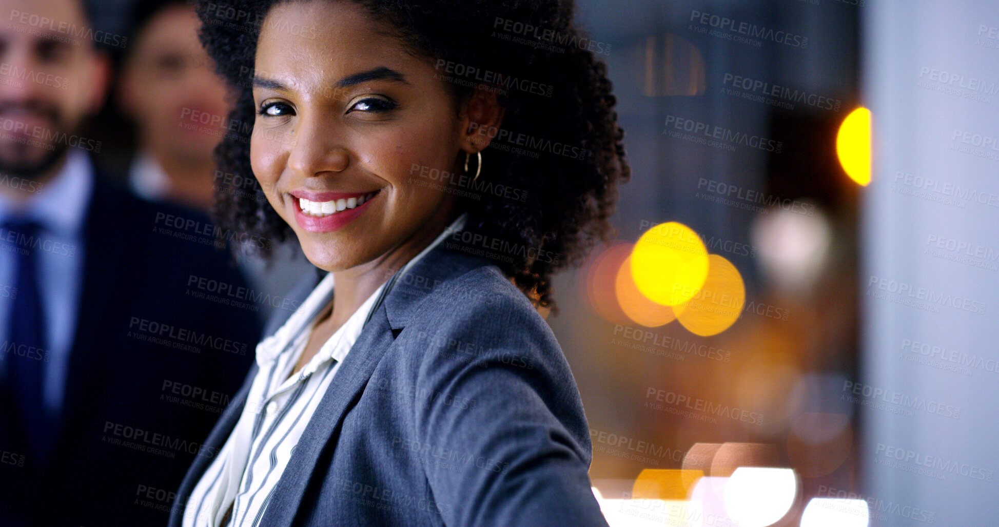 Buy stock photo Business, portrait and smile of woman in office at night for finance career or leadership. About us, bokeh and corporate with happy wealth manager in dark workplace for financial growth or investment
