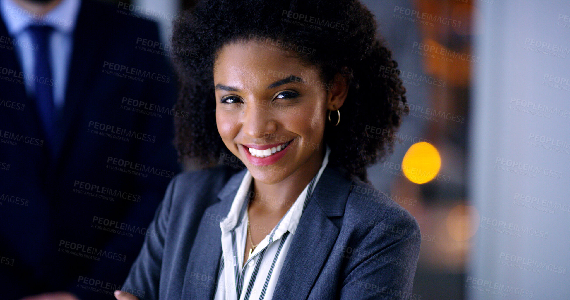 Buy stock photo Corporate, portrait and smile of woman in office at night for finance career or leadership. About us, business or person with happy wealth manager in dark workplace for financial growth or investment