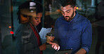 Night, tablet and business people in office meeting, insight and idea with financial proposal. Feedback, tech and discussion with team, investment review or problem solving by window in evening