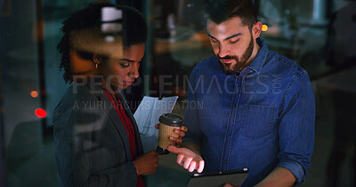 Buy stock photo Night, tablet and business people in office meeting, insight and idea with financial proposal. Feedback, tech and discussion with team, investment review or problem solving by window in evening