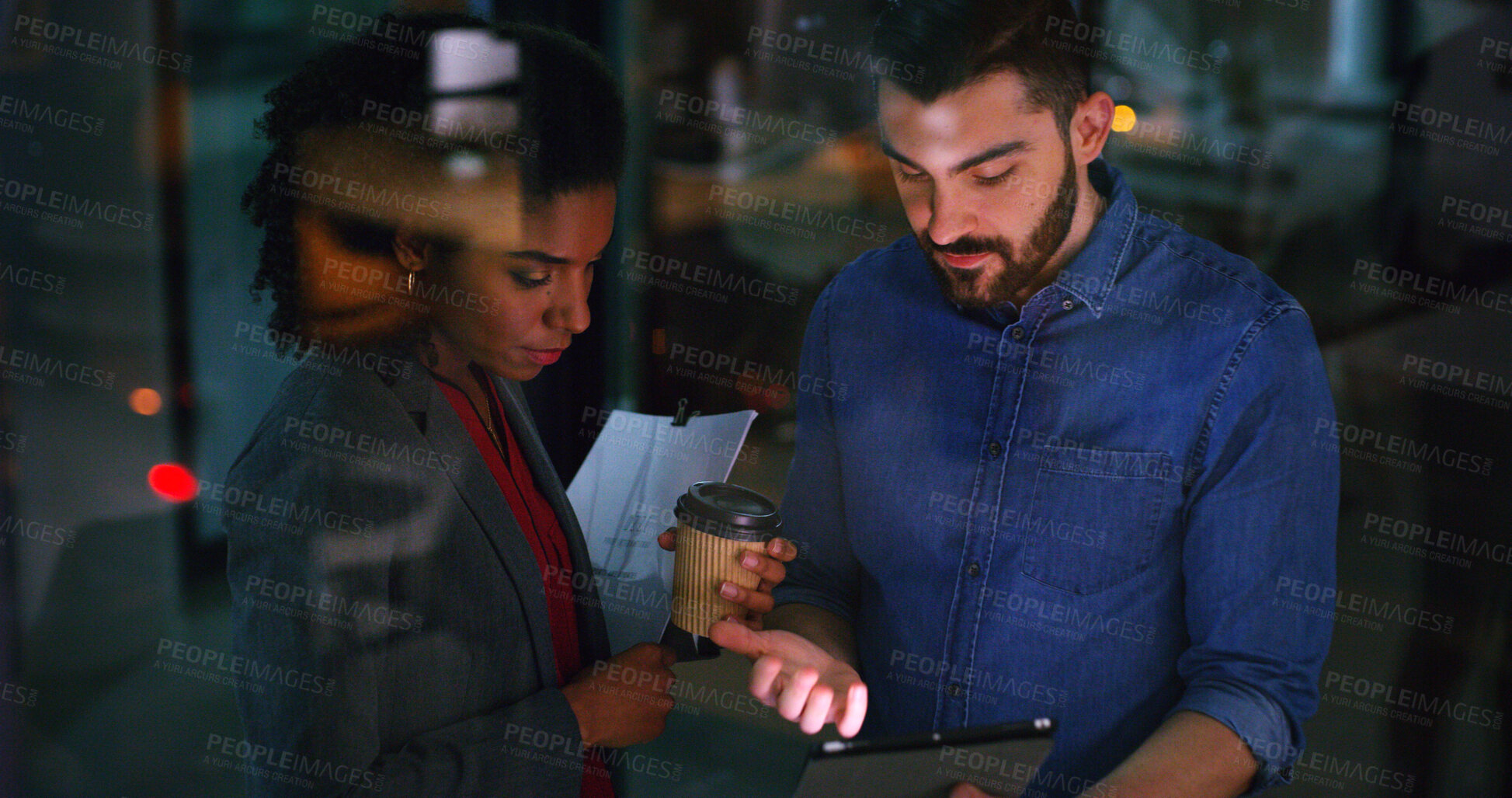 Buy stock photo Night, tablet and business people in office meeting, insight and idea with financial proposal. Feedback, tech and discussion with team, investment review or problem solving by window in evening
