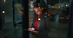 Night, tablet and business woman in company for compliance review, risk management or research. Tech, evening or African consultant in corporate office for regulation update, reading report and bokeh