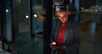 Tablet, night and business woman in office for compliance email, reading or project development. Tech, smile and African person at work on deadline, policy feedback or regulation report by window