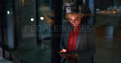 Buy stock photo Tablet, night and business woman in office for compliance email, reading or project development. Tech, smile and African person at work on deadline, policy feedback or regulation report by window