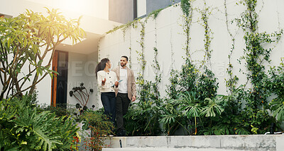 Buy stock photo Explain, realtor and view with client walking for home investment or property tour. Listing, mortgage and rental apartment with estate agent woman speaking to man outdoor for advice or consulting