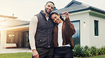 Keys, happy and portrait of couple by new home for bonding, love and property investment together. Hug, smile and man with woman for pride with real estate mortgage outdoor in backyard at house.