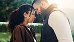 Couple, relax and forehead touch in home garden with love, romantic connection and weekend break. Happy, people and wellness outdoor in backyard with marriage commitment, loyalty or bonding together.
