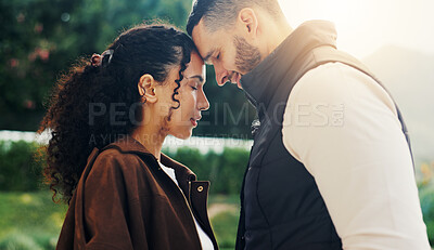 Buy stock photo Couple, relax and forehead touch in home garden with love, romantic connection and weekend break. Happy, people and wellness outdoor in backyard with marriage commitment, loyalty or bonding together.