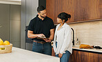 Clipboard, discussion and handyman with woman in kitchen for maintenance, service or home renovation. Installation, inspection or man with checklist for client information, insurance or invoice