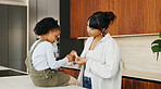 Plaster, hurt and mother with kid in kitchen for accident, pain or injury with first aid in home. Bandage, family and mom helping girl child with hand sore or wound on counter for care in house.