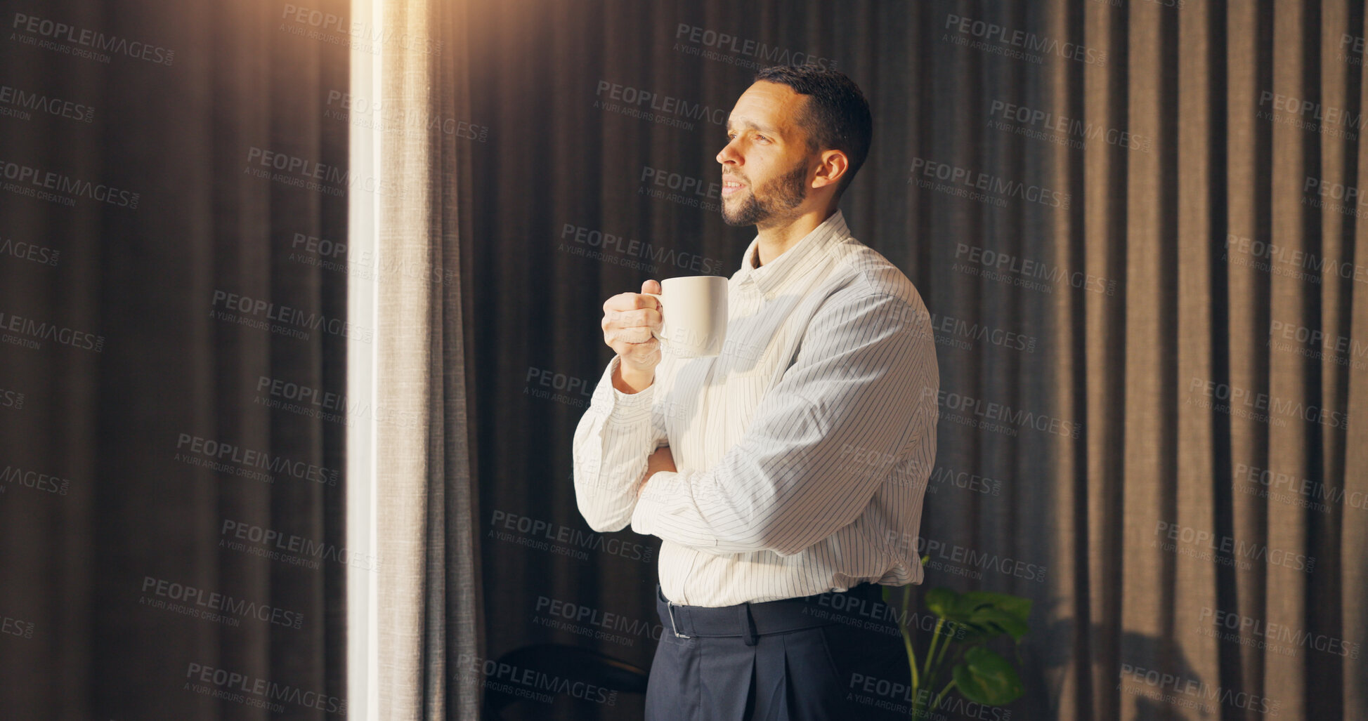 Buy stock photo Thinking, businessman and coffee in bedroom at hotel for travel, start day and calm morning. Male person, window and beverage with reflection, employee daydreaming and corporate trip at accommodation
