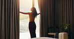 Travel, open curtain and woman in hotel with thinking, mindfulness or lodge arrival on summer holiday. Reflection, flare or person at resort with window, trip mindset or getting ready for vacation.