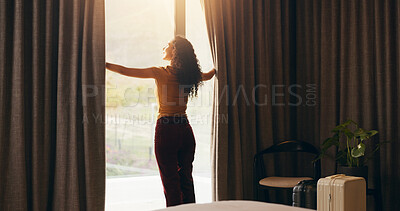 Buy stock photo Travel, open curtain and woman in hotel with thinking, mindfulness or lodge arrival on summer holiday. Reflection, flare or person at resort with window, trip mindset or getting ready for vacation.