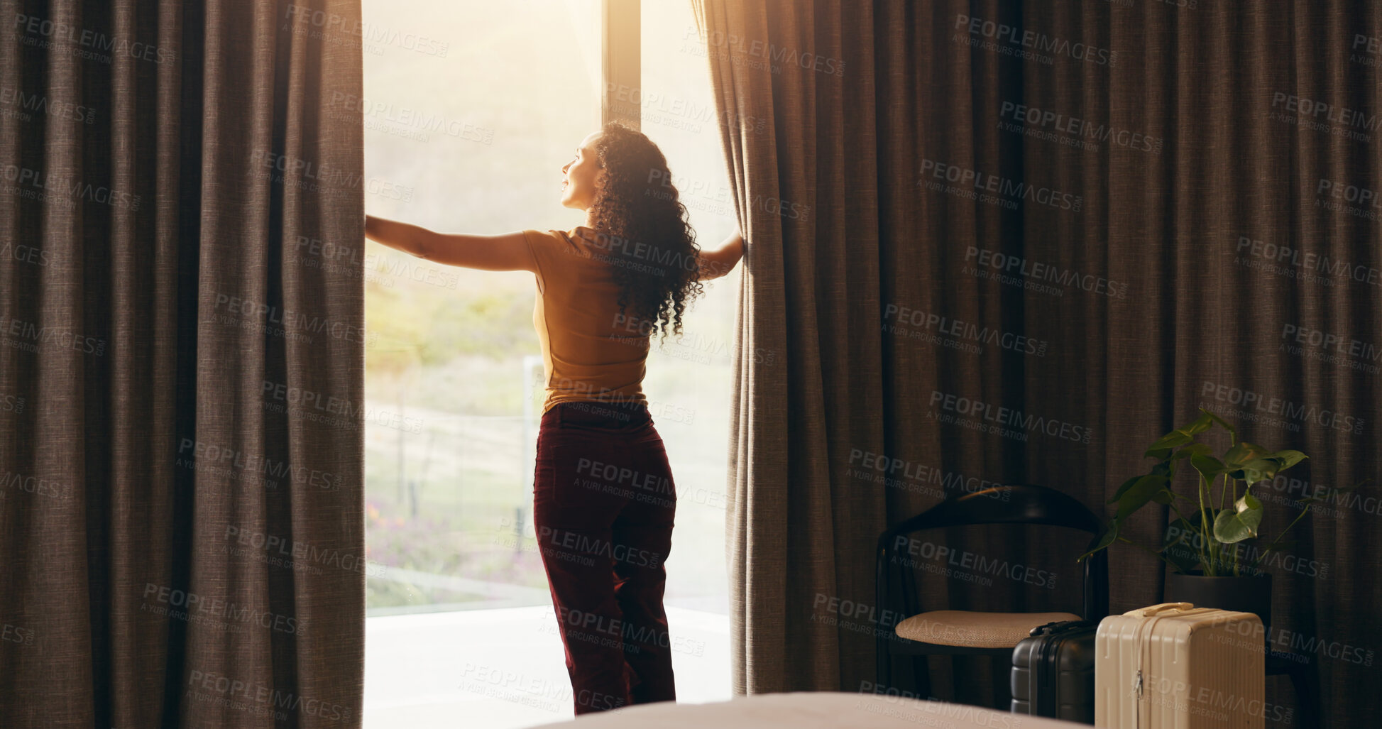 Buy stock photo Travel, open curtain and woman in hotel with thinking, mindfulness or lodge arrival on summer holiday. Reflection, flare or person at resort with window, trip mindset or getting ready for vacation.