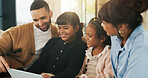Children, parents and tablet in living room of home for bonding, education or learning together. Dad, mom and sibling girls with digital app for development, growth or online study as family