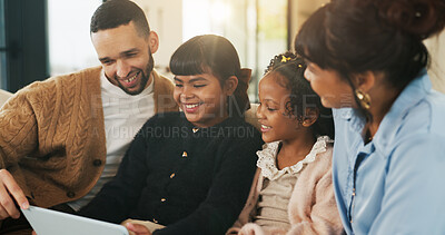 Buy stock photo Children, parents and tablet in living room of home for bonding, education or learning together. Dad, mom and sibling girls with digital app for development, growth or online study as family