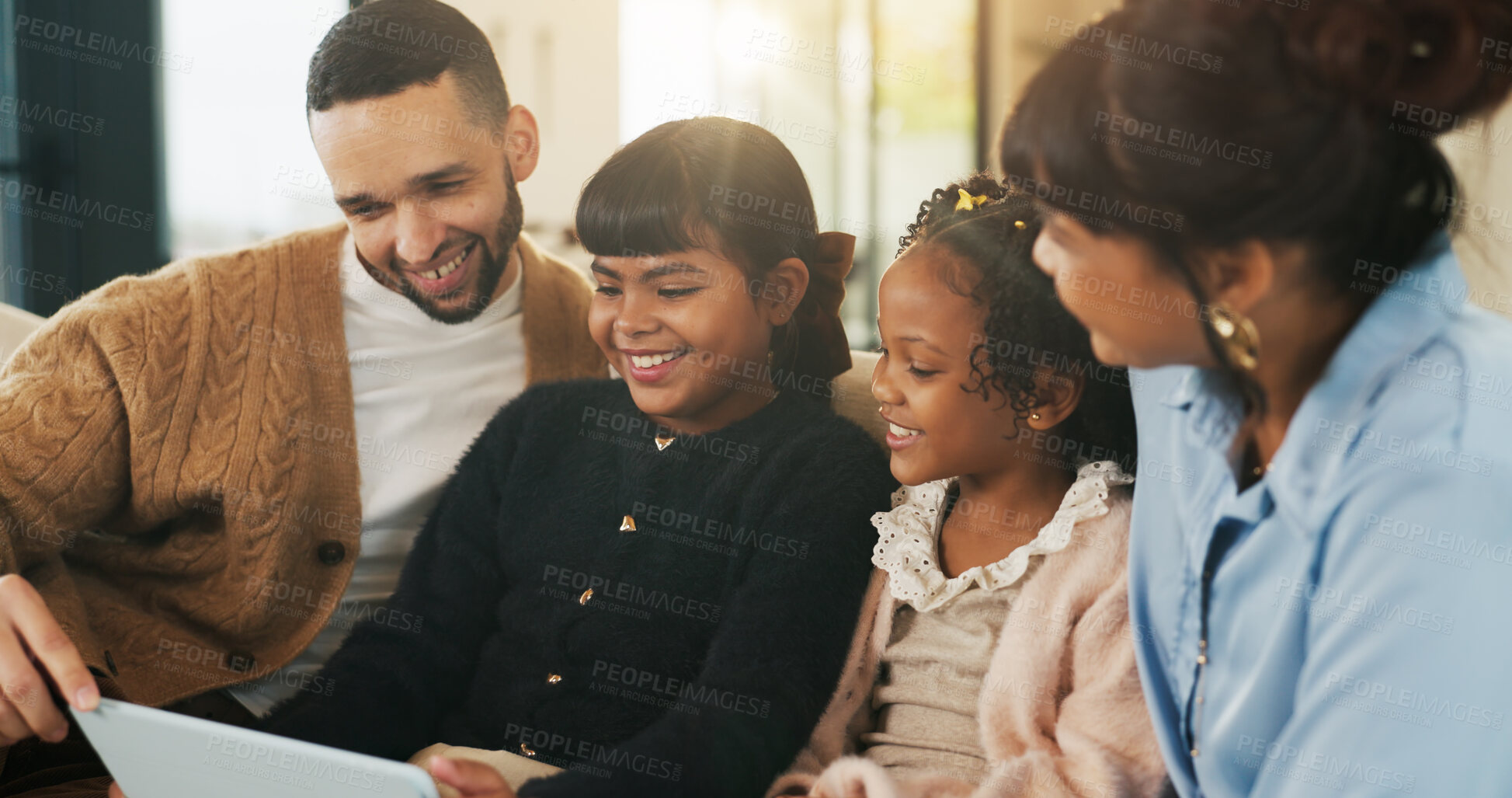 Buy stock photo Children, parents and tablet in living room of home for bonding, education or learning together. Dad, mom and sibling girls with digital app for development, growth or online study as family