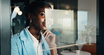 Thinking, consultant and smile with black woman in office for client advisor, account manager and reflection. Window space, portfolio planning and idea with African person in agency for accounting