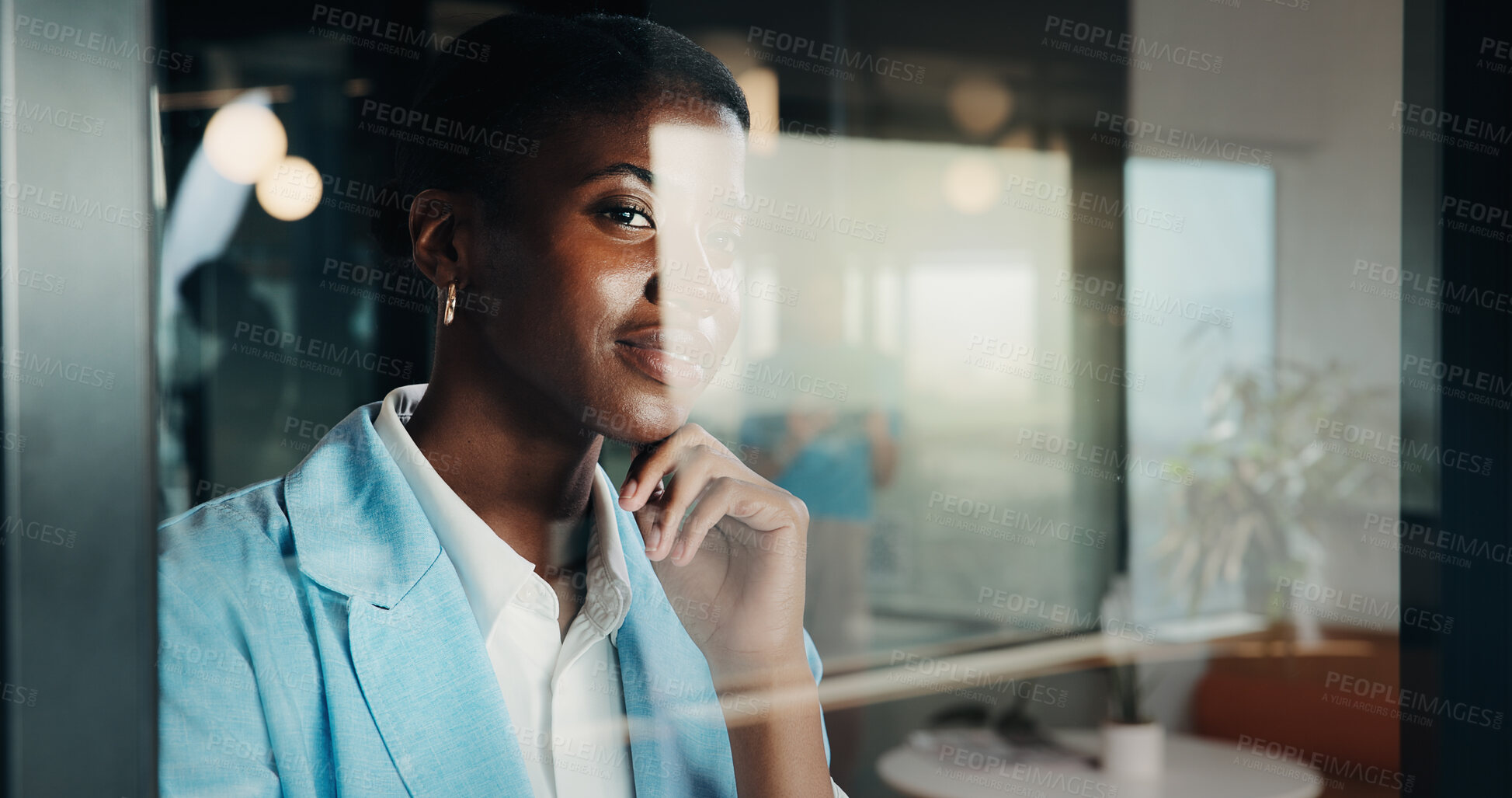 Buy stock photo Thinking, consultant and smile with woman in office for client advisor, account manager and reflection. Window space, portfolio planning or investment idea with female person in agency for accounting