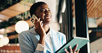 Phone call, consultant and black woman with tablet in office for client advisor, account manager and negotiation. Smile, portfolio discussion and feedback with person in agency for communication